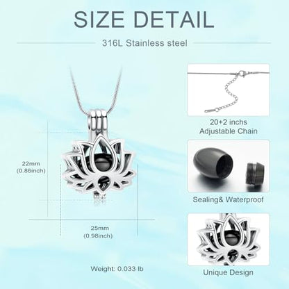 Cremation Jewelry Lotus Flower Urn Necklaces for Ashes Stainless Stell Memorial Ash Pendant Necklaces with Mini Urn Keepsake Ash Jewelry for Men Women Gifts with Funnel Filler Kit - color: Silver-Black