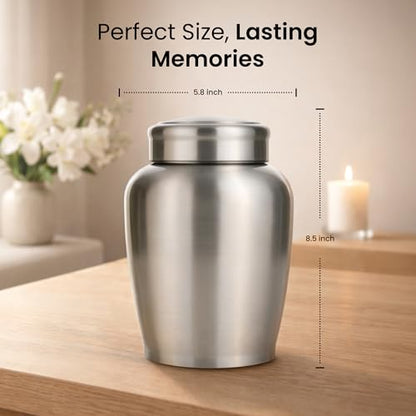 Stainless Steel Silver Urn for Ashes Adult Male & Female, Cremation urns for Human Ashes Man & Women, Set of 3 Includes 1 Large Urn & 1 Silver & Black Cross Necklace - color: Stainless Steel Urn - Single Urn