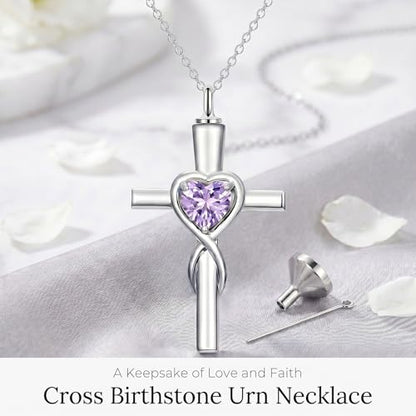 YYB Urn Necklace for Ashes Women Heart Birthstone Cross Cremation Jewelry | Memorial Keepsake Funeral Jewelry for Loved Ones (with Funnel Filler) - color: 06-Jun-Alexandrite