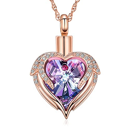 shajwo Angel Wing Heart Urn Necklace for Ashes | Cremation Jewelry, For Women, Memorial, Human Pet Ashes Pendant - color: Rose Gold-Purple