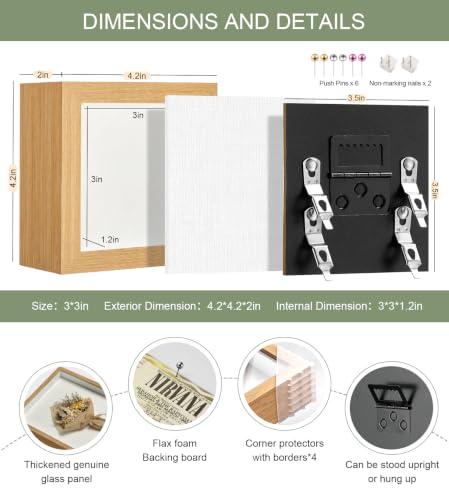 3x3 Mini Shadow Box Frame with Shatterproof Clear Glass & Push Pins - color: Wood Color+foam Back+foam Packaging, size: 3x3