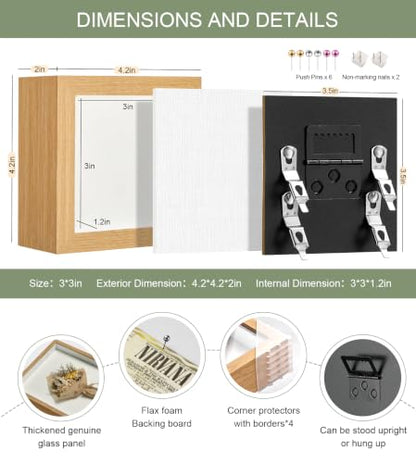 3x3 Mini Shadow Box Frame with Shatterproof Clear Glass & Push Pins - color: Wood Color+foam Back+foam Packaging, size: 3x3