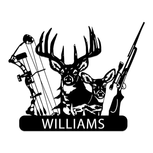 Personalized Deer Hunting Metal Sign, Custom Bow and Hunter Rifle Sign, Customized Wildlife Cabin Decoration, Family Name Decor for Home, Man Cave Wall Decor, Deer Hunter Present, Fathers Day Gift - color: Deer Hunter Sign