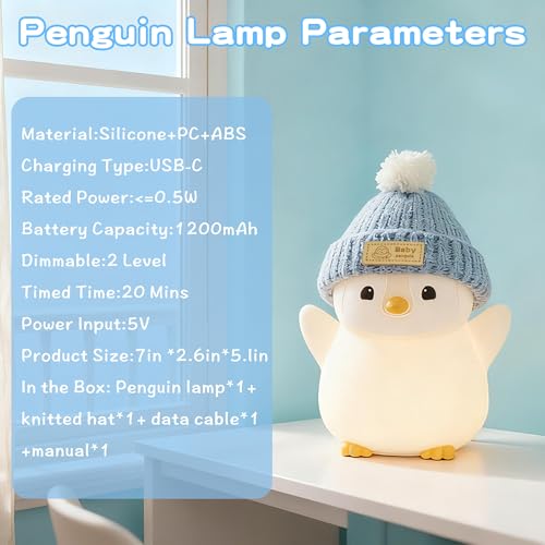 FAMIDUO Pink Penguin Night Light,Cute Penguin Lamp with Hat for Kids/Mom | Squishy Silicone Nursery Nightlight, Rechargeable/Dimmable/Timer,LED Novelty Animal Bedside Light,Funny Gifts for Baby/Boys - color: Grey Stand Penguin