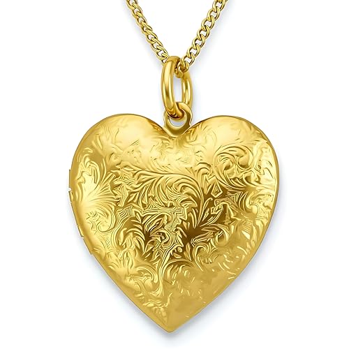 LIFETIME JEWELRY Antique Heart Locket Necklace for Women & Girls That Holds Pictures – 10X Thicker Real 24K Gold Plated Charm – Made in USA with Lifetime Replacement - style: Big Gold Locket with Chain