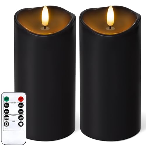 NURADA Outdoor Flameless Candles with Remote Timer - Waterproof Realistic Flickering LED Pillar Electric Battery Operated Fake Candle for Home Halloween Holiday Party Decor - 2 Pack Black(D3”H6”6”) - color: Black, size: D3“xH6"6"