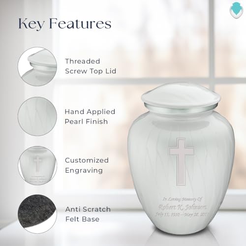 Geturns - Adult Personalized Simple Cross Cremation Urns for Human Ashes I Large Pearl White Funeral Urn for Men and Women I 200 lbs - color: Pearl White