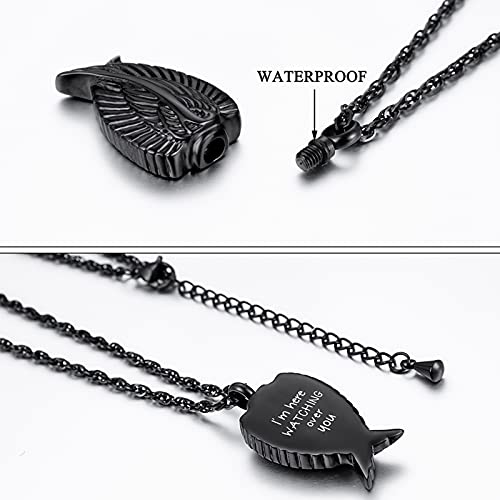 Angel Wing Cremation Necklace for Ashes Stainless Steel Urn Pendant Ashes Holder Memorial Jewelry-I’m Here WATCHING Over You - color: Black-Gift Box