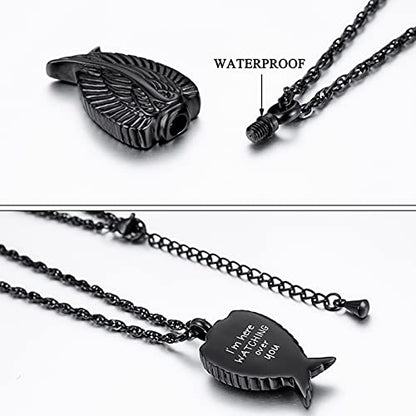 Angel Wing Cremation Necklace for Ashes Stainless Steel Urn Pendant Ashes Holder Memorial Jewelry-I’m Here WATCHING Over You - color: Black-Gift Box