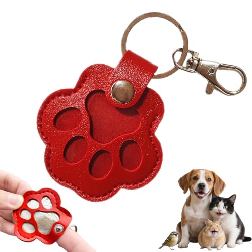 Cute Leather Pet Paw Memorial Keychain - Pet Hair Keepsake & Sympathy Gift for Cat/Dog Lovers - color: Red