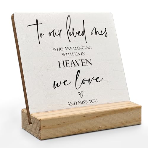 Wedding Memorial Sign, In Loving Memory Wedding Sign Wood Plaque, Wedding Decor, To Our Loved Ones Who Are Dancing with Us in Heaven Wooden Plaque Sign with Wood Stand for Wedding Table Decor - color: we love, size: 4x4 inch