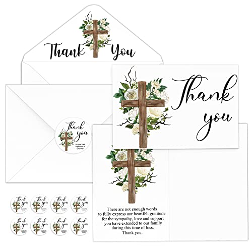 Spakon 50 Pack Funeral Thank You Cards with Envelopes and Stickers Bulk 4x6 Inch Sympathy Bereavement Thank You Cards with Message Floral Cross for Funeral Family, Celebration of Life(Cross)