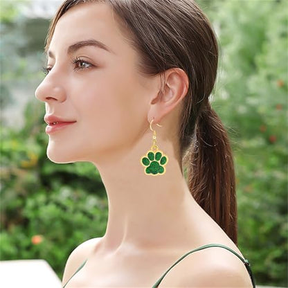 Dreuyet Paw Necklace and Earrings Set for Women Glitter Cute Dog Cat Pet Paw Print Pendant Necklace Earrings Lovely Animal Charm Jewelry Set Gifts - color: Gold Green