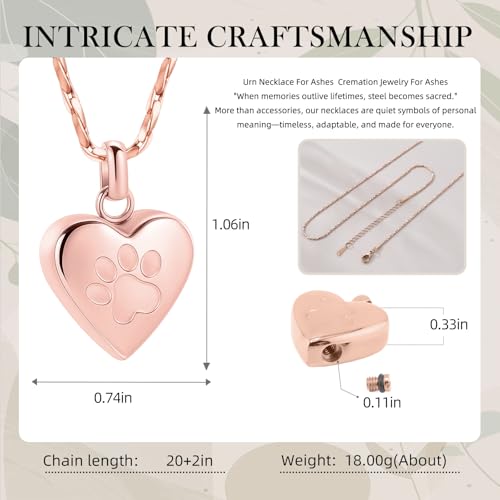 Paw Print Heart Urn Necklace for Pet Ashes Cremation Jewelry Memorial Keepsake Pendant for Dog/Cat Stainless Steel Ash Holder Necklace - color: Rose Gold