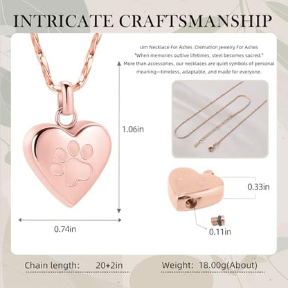 Paw Print Heart Urn Necklace for Pet Ashes Cremation Jewelry Memorial Keepsake Pendant for Dog/Cat Stainless Steel Ash Holder Necklace - color: Rose Gold