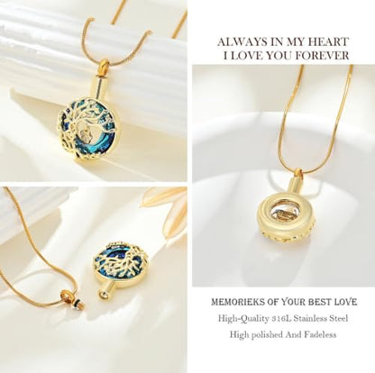 zeqingjw Pet Cremation Jewelry Tree of Life Urn Necklace for Ashes for Dog/Cat Funeral Ashes Keepsake Paw Print Urn Pendant Memorial Jewellery - color: Gold-Blue