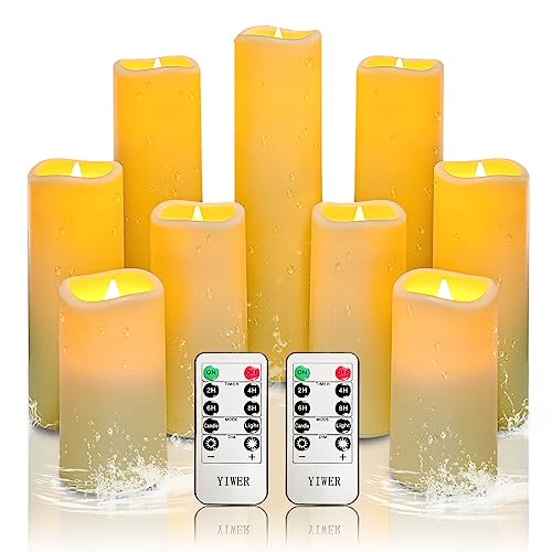 YIWER Waterproof Flameless Candles, Outdoor Battery Operated LED Pillars Candles, Electric Fake Candle Set of 9 with Remotes, Halloween, Christmas Decorations - color: D2.2"-Waterproof, size: 9PCS