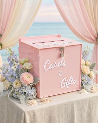 Dusty Rose Acrylic Wedding Card Box with Lock, 10" Card Holder with Slot | Card Box for Reception, Bridal & Baby Shower, Birthday, Graduation Party, Decorative Keepsake Gift Box, 3D Sign, 10*10*8 inch - color: Dusty Rose