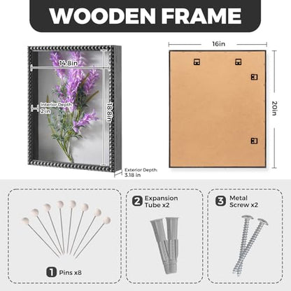 Muzilife 16x20 Shadow Box Pine Wood with Unique Bead Door, 3.18 Deep, Black - color: Black-bead Shape, size: 16"x20"