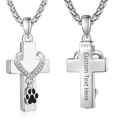 Customized Urn Necklaces for Ashes for Men Women 925 Sterling Silver Cross Necklace for Human Pets Ashes Cremation Memorial Jewelry for Keepsake - style: Cross Paw Urn(customized)