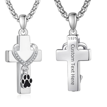 Customized Urn Necklaces for Ashes for Men Women 925 Sterling Silver Cross Necklace for Human Pets Ashes Cremation Memorial Jewelry for Keepsake - style: Cross Paw Urn(customized)
