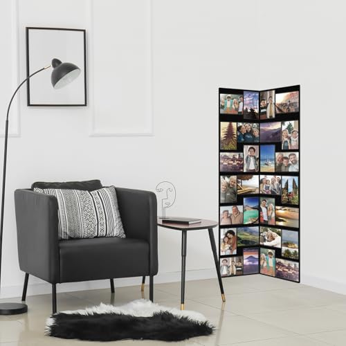 Qunclay Floor Standing Collage Photo Frame Decorative 32 Openings 3.6 x 5 Inch Hinged Folding Partition Screen Style Picture Frame Black Felt Multiple Collage Photo Display Board for Wall Corner