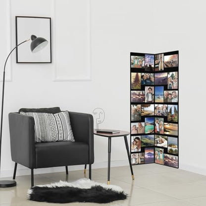 Qunclay Floor Standing Collage Photo Frame Decorative 32 Openings 3.6 x 5 Inch Hinged Folding Partition Screen Style Picture Frame Black Felt Multiple Collage Photo Display Board for Wall Corner
