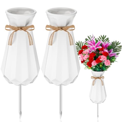 Qinyoung 2 Cemetery Vase for Grave with Metal Spikes Flower Holder,White | Headstones Memorial Flower Vase, Durable Plastic Cemetery Vase, Outdoor Grave Decorations for Gravestone Memorial Gifts - color: White