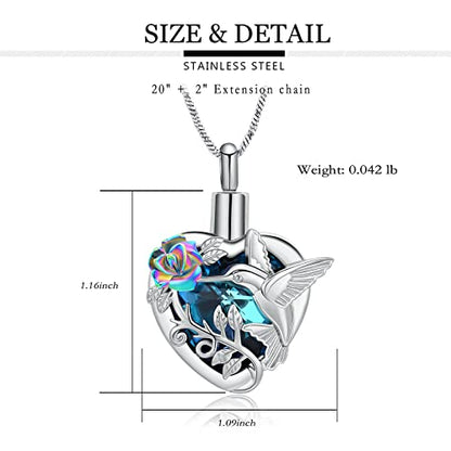 Yinplsmemory Hummingbird Cremation Jewelry Crystal Heart Urn Ashes Necklace for Women Men Memorial Keepsake Necklace of Loved One - color: Blue-Rainbow