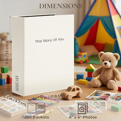 Vienrose Baby Photo Album 4x6 200 Pockets Photo Window Beige | Cloth Cover, Baby Themed Stickers, Tweezers, Acid Free Pages - color: Baby Theme, size: 200k