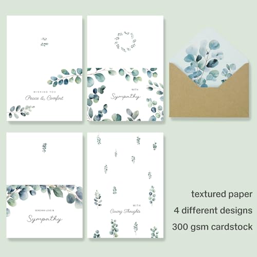 Sympathy Cards with Envelopes, Sympathy Cards, 24 Pack with Thoughtful Messages, 4 Designs Condolences Card Assortment Boxed with Kraft Envelopes, Bereavement Cards Bulk, Greenery Eucalyptus
