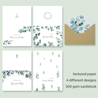 Sympathy Cards with Envelopes, Sympathy Cards, 24 Pack with Thoughtful Messages, 4 Designs Condolences Card Assortment Boxed with Kraft Envelopes, Bereavement Cards Bulk, Greenery Eucalyptus