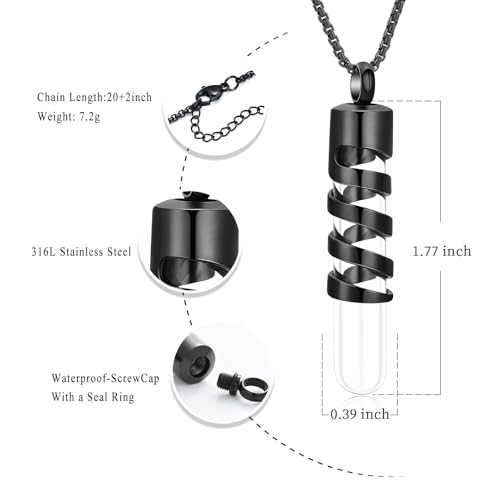 Oinsi Clear Glass Tube Cremation Urn Jewelry Ashes Holder Necklace Keepsake Memorial Pendant Including Box/Fill Kits - color: Black (Angel wing)