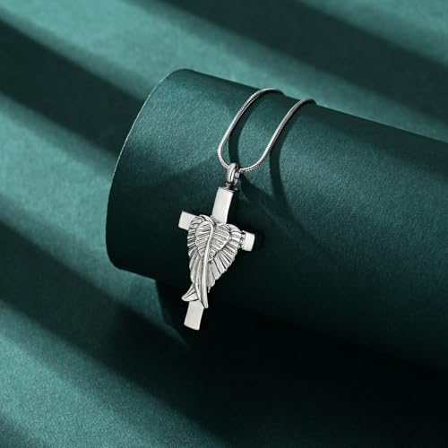Cross Cremation Jewelry Urn Necklaces Cross Angel Wings Urn Necklaces for Ashes Memorial Keepsake Pendant for Women Men Gifts With Funnel Kit & Bag - color: Silver