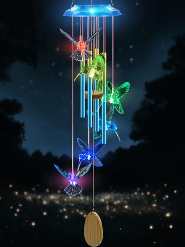 Wind Chimes,Hummingbird Solar Wind Chimes for Outside,Blue Gradation Aluminum Tubes Deep Tone Memorial Wind Bell for Garden/Patio Mobiles Decorative Gifts for Mom, Wife, Grandma Neighbors(37" Long) - color: Blue-37"