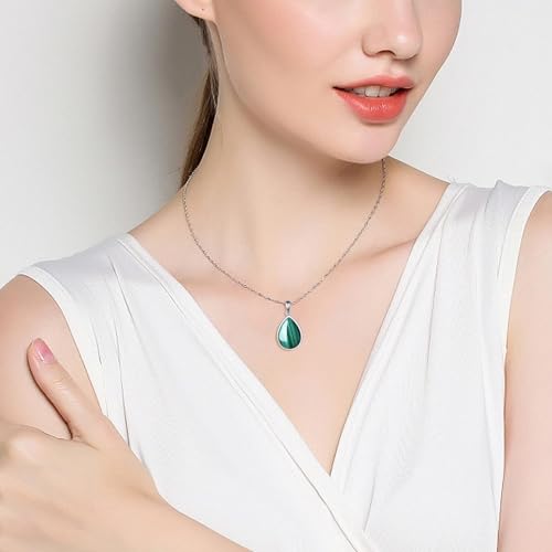 CRMAD Larimar/Opal/Lapis Lazuli/Tourmaline/Malachite/Labradorite/Turquoise/Onyx/Rose Quartz/Amber/Peridot Necklace for Women 925 Sterling Silver Teardrop Pendant Jewelry Gifts - color: malachite