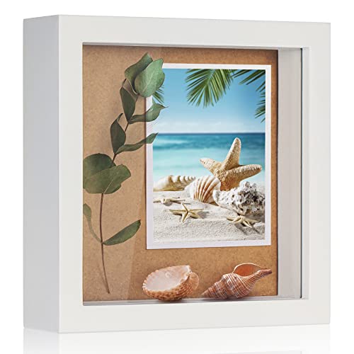 TJ.MOREE Small Shadow Box Frame 5 x 5 Shadowbox Display Case Wooden Picture Frame with Glass Wedding Memorabilia Medals Photos for Wall and Tabletop - White