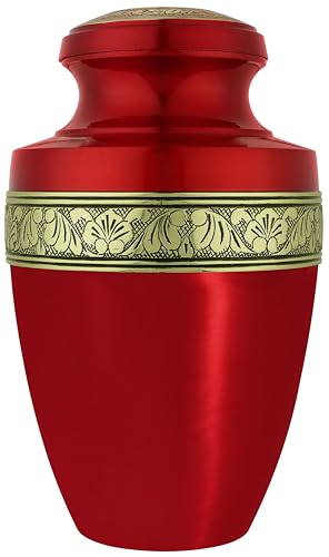 Adult Cremation Urn, Aluminum, Red & Gold Floral, 220 lb | 7x7x11 in, lightweight aluminum, glossy red finish, gold engraving, secure threaded screw-top lid - color: Red Gold Lid, size: 7x11