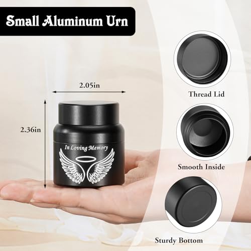 SOITIS Cremation Urn - 2.36 Inch Small Urn for Human Ashes - Elegant Black Aluminum Memorial Keepsake with White Wings Design - Funeral Urn for Ashes, Memorial Keepsake Holder - size: Small