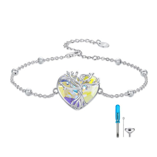 AOBOCO Heart Urn Bracelet for Ashes 925 Sterling Silver Cremation Holds Loved One's Ashes for Women Memorial Keepsake Beangle Embellished with Crystals from Austria - style: Tree of Life Urn Bracelet