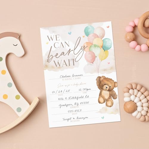 We Can Bearly Wait Baby Shower Invitations / 25 Barely Wait Teddy Bear Gender Neutral Baby Shower Invites With White Envelopes / 5" x 7" Flat Fill In Gender Reveal Boy Or Girl Invitation Cards / Made In The USA - color: Bear and Balloons