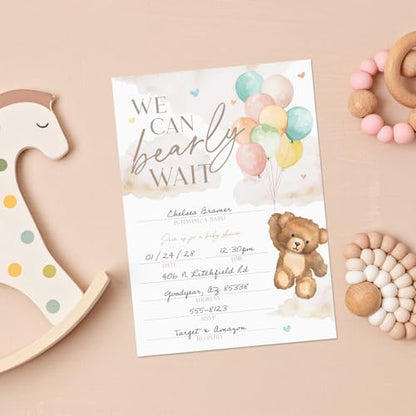 We Can Bearly Wait Baby Shower Invitations / 25 Barely Wait Teddy Bear Gender Neutral Baby Shower Invites With White Envelopes / 5" x 7" Flat Fill In Gender Reveal Boy Or Girl Invitation Cards / Made In The USA - color: Bear and Balloons