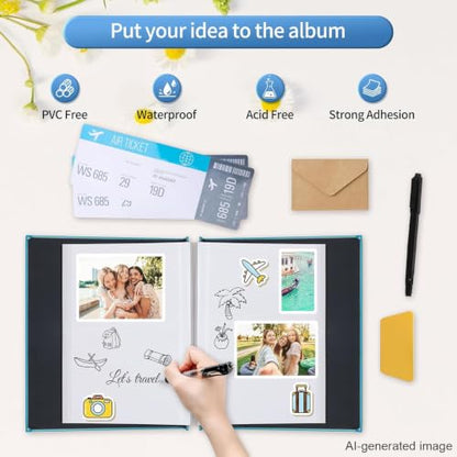 Inspirational Leather Photo Album - Magnetic Self-Stick Family Memory Book | DIY Scrapbook Holds 3x5, 4x6, 5x7, 6x8 Pictures, Motivational Scrapbook Journal for Couples, Graduation & Life Journey Gifts - color: light blue-always remember