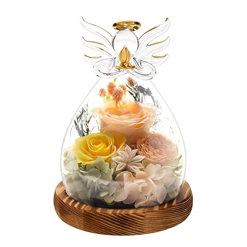 Preserved Rose for Women Eternal Rose in Glass Angel Figurine with Warm LED Lights Real Forever Flower Gift for Valentine's Day Birthday Mother's Day Wedding Anniversary - color: Vintage Cream Pink