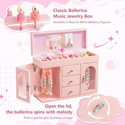 Musical Jewelry Box for Girls, Large Wooden Kids Jewelry Organizer with Spinning Ballerina & Mirror, 5-Layer Storage with Drawers & Side Doors, Pink Jewelry Box for Girls Birthday Christmas & gifts