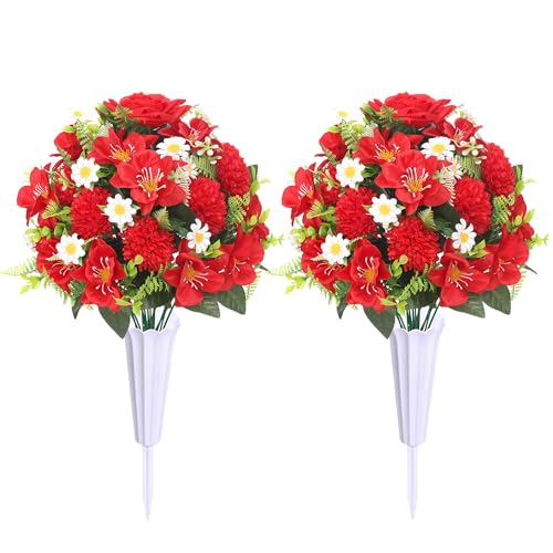 Artificial Cemetery Flowers - Roses Magnolia Grave Decorations for Cemetery with Vase,Outdoor Grave Flowers for Cemetery Headstones (Red, 2 Bouquets)