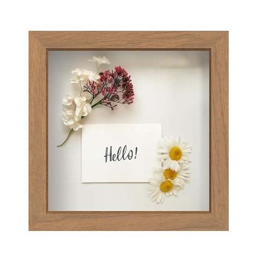 FrameWorks 8” x 8” Golden Oak Wooden Shadow Box Frame – Display Case with Soft Felt Back, Memory Box with Tempered Glass, Display Box with Elegant White Ball Push Pins, Wooden Flower Box - color: Golden Oak, size: 8"x8"