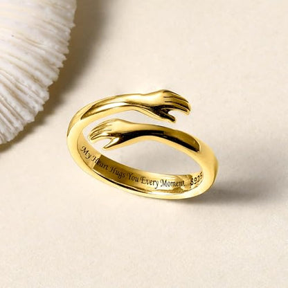 LOVECOM S925 Sterling Silver Hug Rings for Women Teen Girls Mother Daughter - color: Gold-My Heart Hugs You Every Moment, size: US Size 7