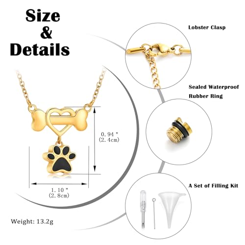constantlife Paw Print & Bone Pendant Urn Necklace for Pet Ashes | Mini cremation jewelry, stainless steel material, for women men dog lovers, waterproof, with a filling tool kit - color: Golden