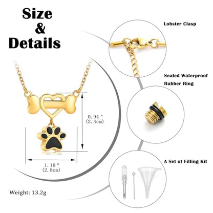 constantlife Paw Print & Bone Pendant Urn Necklace for Pet Ashes | Mini cremation jewelry, stainless steel material, for women men dog lovers, waterproof, with a filling tool kit - color: Golden